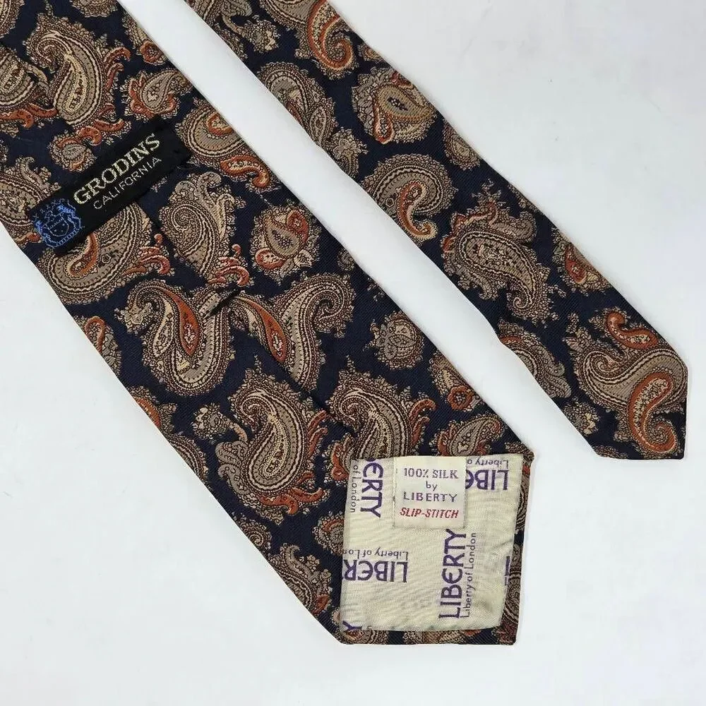 LIBERTY LONDON SILK TIE BLACK TAN ORANGE PAISLEY SMOOTH GRODINS 3.25